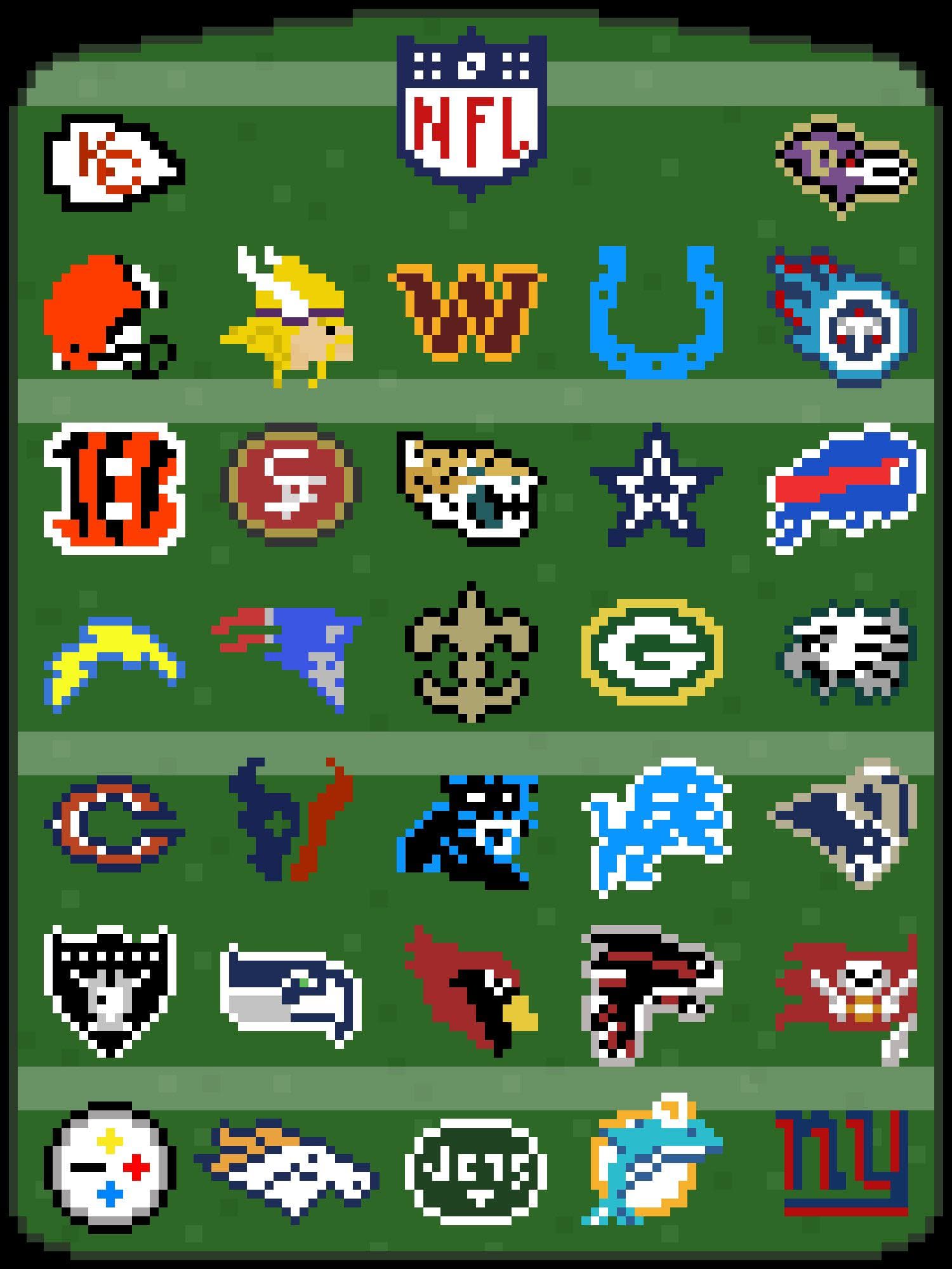 Pixel-art NFL team logos arranged on a football field